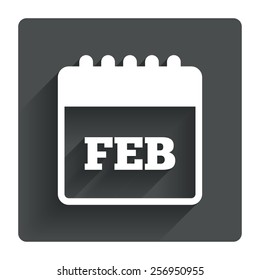 Calendar sign icon. February month symbol. Gray flat square button with shadow. Modern UI website navigation. Vector