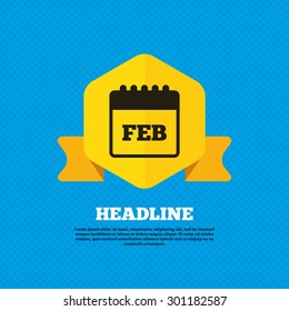 Calendar sign icon. February month symbol. Yellow label tag. Circles seamless pattern on back. Vector