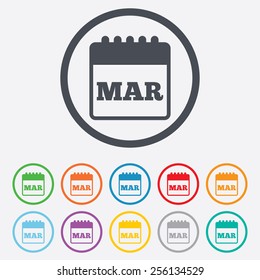 Calendar sign icon. March month symbol. Round circle buttons with frame. Vector