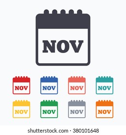 Calendar sign icon. November month symbol. Colored flat icons on white background.