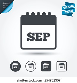 Calendar sign icon. September month symbol. Circle and square buttons. Flat design set. Thank you ribbon. Vector