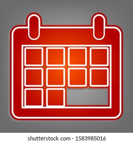 Calendar sign illustration. Flat red icon with linear white icon with gray shadow at grayish background. Illustration.