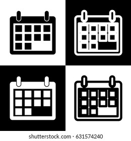 Calendar sign illustration. Vector. Black and white icons and line icon on chess board.