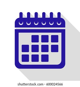 Calendar sign illustration. Vector. Blue icon with flat style shadow path on white background.