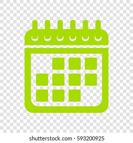 Calendar sign illustration. Vector. Chartreuse icon on transparent background.