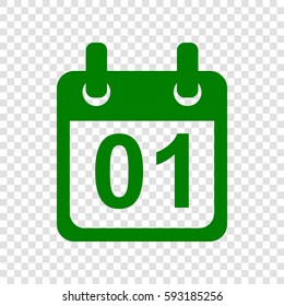 Calendar sign illustration. Vector. Dark green icon on transparent background.