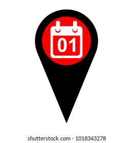 Calendar sign illustration. Vector. Flat white icon in red circle at black marker on white background. Isolated.