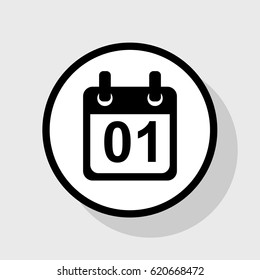 Calendar sign illustration. Vector. Flat black icon in white circle with shadow at gray background.