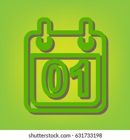 Calendar sign illustration. Vector. Green line icon with brown shadow at green-yellow background.