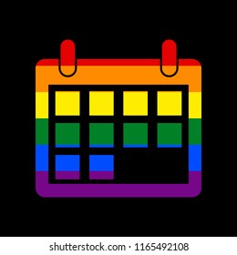 Calendar sign illustration. Vector. Icon with colors of LGBT flag at black background.