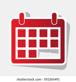 Calendar sign illustration. Vector. New year reddish icon with outside stroke and gray shadow on light gray background.