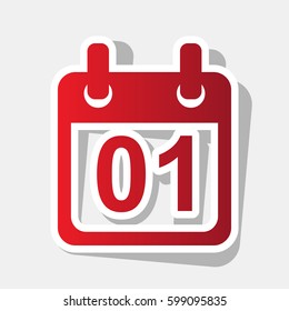 Calendar sign illustration. Vector. New year reddish icon with outside stroke and gray shadow on light gray background.