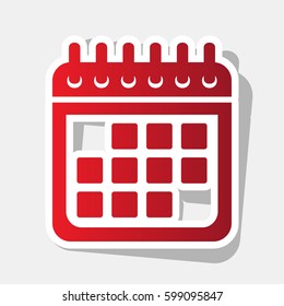 Calendar sign illustration. Vector. New year reddish icon with outside stroke and gray shadow on light gray background.