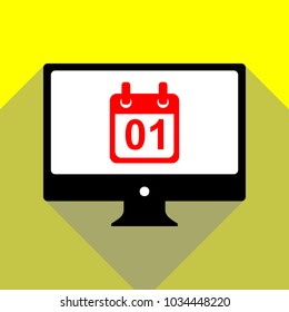 Calendar sign illustration. Vector. Red icon on white monitor of black all-in-one desktop computer with two shadows at yellow background.