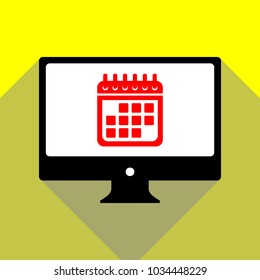 Calendar sign illustration. Vector. Red icon on white monitor of black all-in-one desktop computer with two shadows at yellow background.