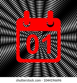 Calendar sign illustration. Vector. Red icon on white and black radial interference as background.