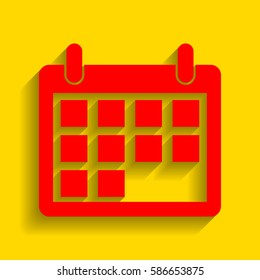 Calendar sign illustration. Vector. Red icon with soft shadow on golden background.