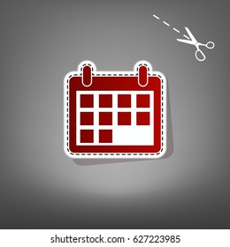 Calendar sign illustration. Vector. Red icon with for applique from paper with shadow on gray background with scissors.