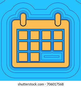 Calendar sign illustration. Vector. Sand color icon with black contour and equidistant blue contours like field at sky blue background. Like waves on map - island in ocean or sea.