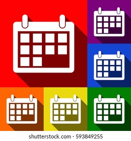 Calendar sign illustration. Vector. Set of icons with flat shadows at red, orange, yellow, green, blue and violet background.