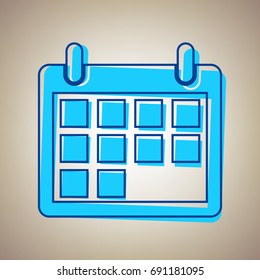 Calendar sign illustration. Vector. Sky blue icon with defected blue contour on beige background.