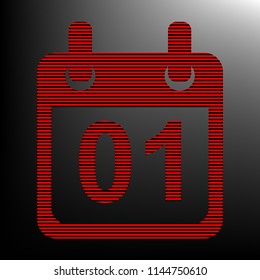 Calendar sign illustration. Vector. Striped red and black icon at gradient blackish background. Zebra.