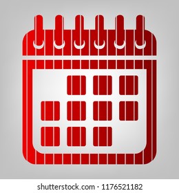 Calendar sign illustration. Vector. Vertically divided icon with colors from reddish gradient in gray background with light in center.