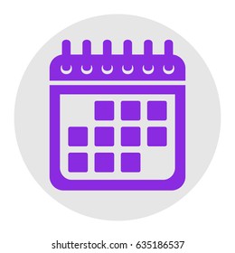 Calendar sign illustration. Vector. Violet flat icon on light gray circle at white background. Isolated.