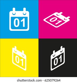 Calendar sign illustration. Vector. White icon with isometric projections on cyan, magenta, yellow and black backgrounds.