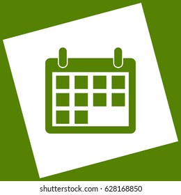 Calendar sign illustration. Vector. White icon obtained as a result of subtraction rotated square and path. Avocado background.