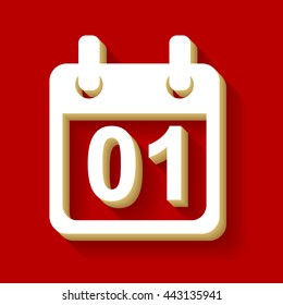 Calendar sign illustration. White button icon with wood color and shadow on dark red background.