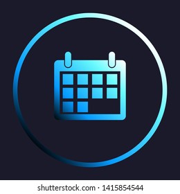 Calendar sign illustration. White, cyan and blue gradient icon as round button in white shell at dark blue background. Illustration.