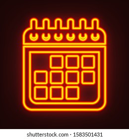 Calendar sign illustration. Yellow, orange, red neon icon at dark reddish background. Illumination. Illustration.