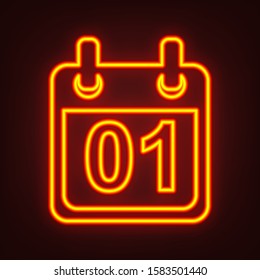 Calendar sign illustration. Yellow, orange, red neon icon at dark reddish background. Illumination. Illustration.