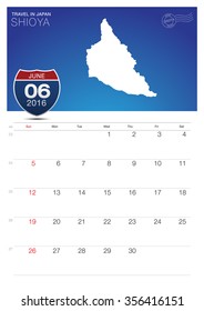 calendar with Sign Road Japan with blue background and message, shioya and map, vector art image illustration
