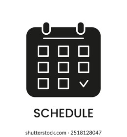 Calendar Silhouette Icon, Schedule And Planning With Checkmark Indicating Organized Events. Time Management Glyph Pictogram. Isolated Vector Illustration.