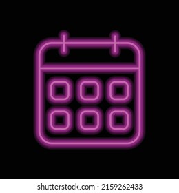 Calendar simple icon vector. Flat design. Purple neon style on black background.ai
