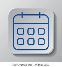 Calendar simple icon vector. Flat design. Paper cut design. Cutted blue symbol with shadow. Gray badge button, gray background.ai