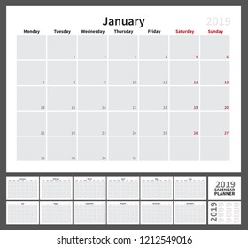 Calendar simple planner for 2019 year, A4 format, week start monday, vector print size pages set