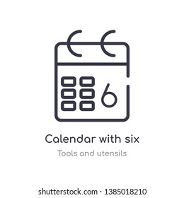 calendar with six days outline icon. isolated line vector illustration from tools and utensils collection. editable thin stroke calendar with six days icon on white background