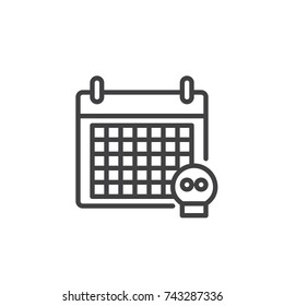 Calendar and skull line icon, outline vector sign, linear style pictogram isolated on white. Deadline symbol, logo illustration. Editable stroke