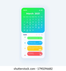Calendar smartphone interface vector template. Mobile app page light theme design layout. Flat UI for time management application screen. Events and tasks reminder. Phone display