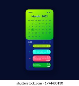 Calendar smartphone interface vector template. Mobile app page black theme design layout. Flat UI for time management and tasks planning application screen. Events reminder. Phone display