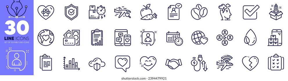 Calendar, Smile face and Apple carrot line icons pack. Broken heart, Airplane wifi, Delivery time web icon. Social media, Rule, Money pictogram. Coffee beans, Checkbox, Charging cable. Vector