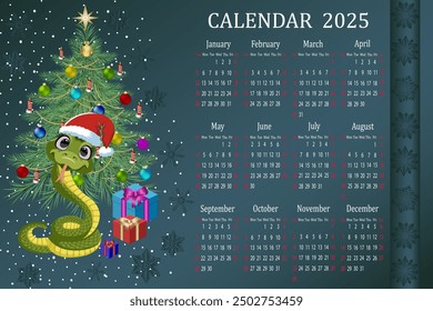 Calendario con una serpiente y un árbol de Navidad. Calendario Plantilla para el año nuevo 2025 con una serpiente, un hermoso árbol de Navidad y copos de nieve en Ilustración vectorial de color.