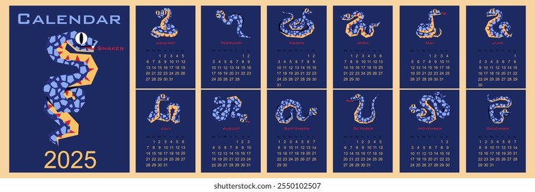 A calendar with a snake on the cover for 2025. 12 months on blue. The New Year of the Snake. Lunar New Year or Chinese New Year. A blue curved snake and a full moon on a dark one. Broken geometry