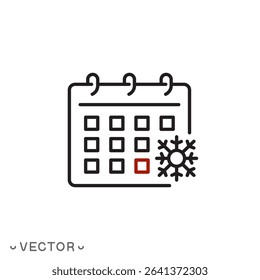 calendar with snowflake icon, winter season concept, thin line symbol isolated on white background, editable stroke eps 10 vector illustration