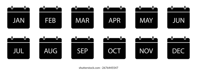 Calendar solid icons. Monthly calendar icon set. A collection of calendar icons containing the names of the months. Icons set of all 12 months yearly calendar. Vector illustration.
