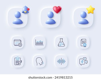 Calendar, Sound wave and Certificate diploma line icons. Placeholder with 3d bell, star, heart. Pack of Rfp, Cough, Money diagram icon. Chemistry lab, Stress pictogram. For web app, printing. Vector