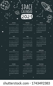 The calendar. Space calendar. Vector illustration in doodle style. Stars, astronauts, flying saucer, moon, constellations, spaceship.